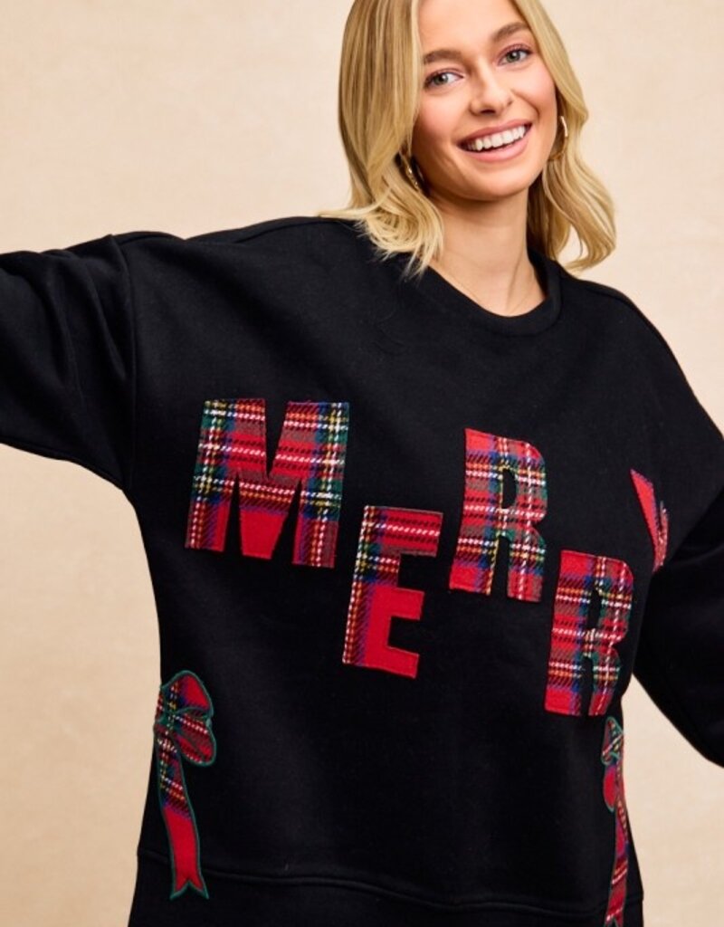 Merry Plaid Applique Sweatshirt With Bow Side Detail