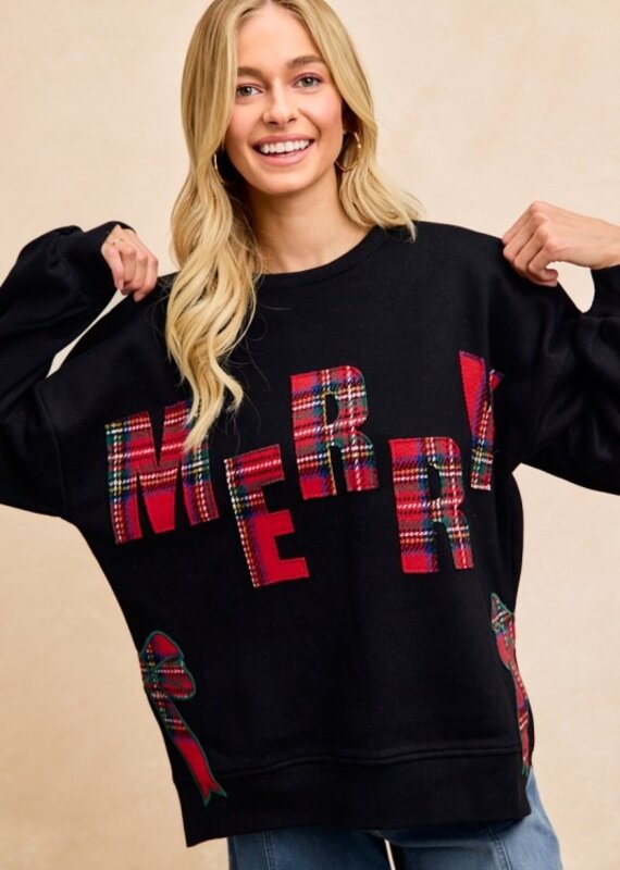 Merry Plaid Applique Sweatshirt With Bow Side Detail