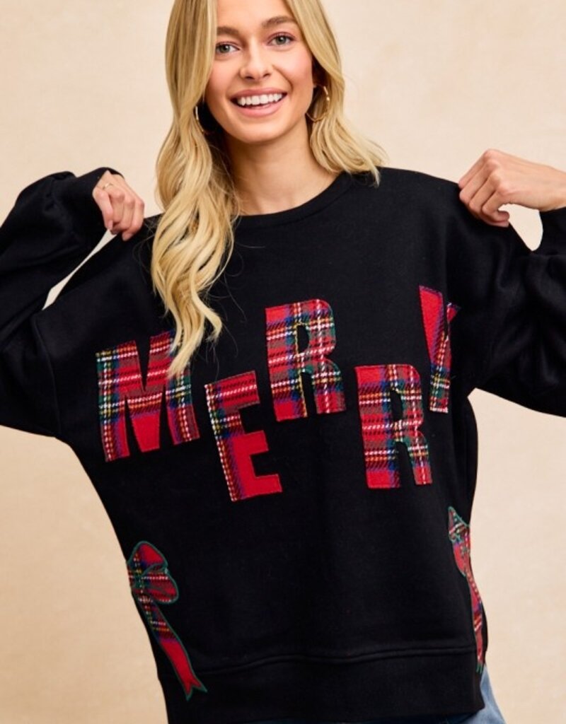 Merry Plaid Applique Sweatshirt With Bow Side Detail