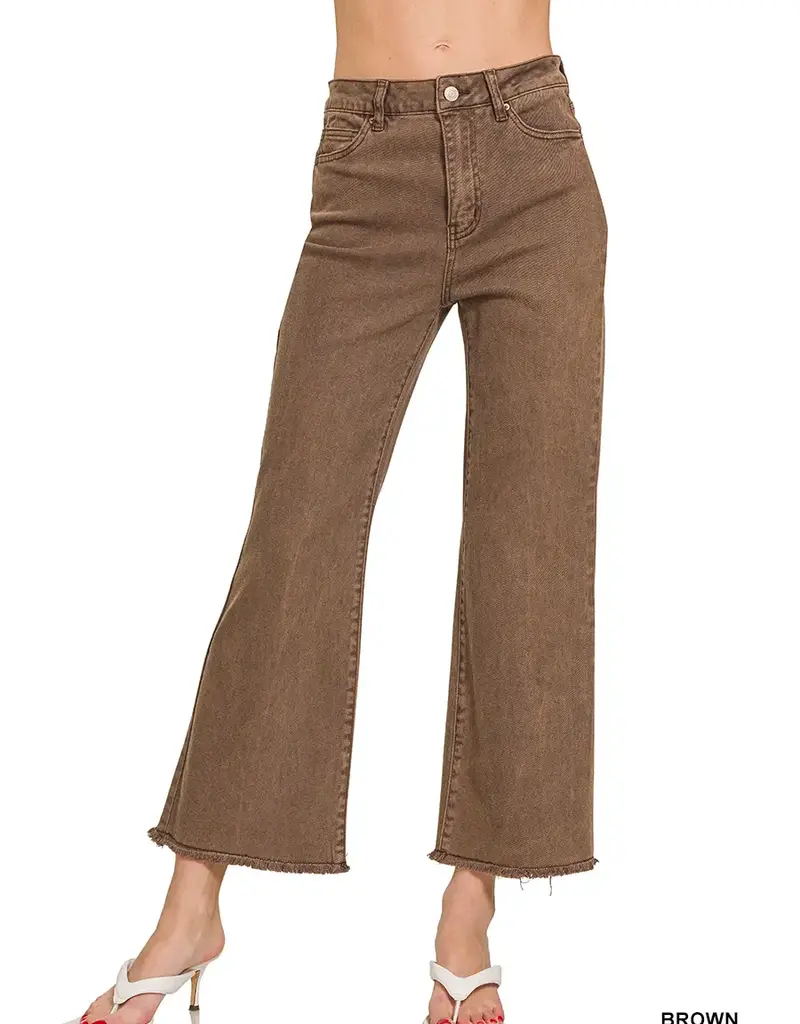 Acid Washed Frayed Hem Straight Wide Pant