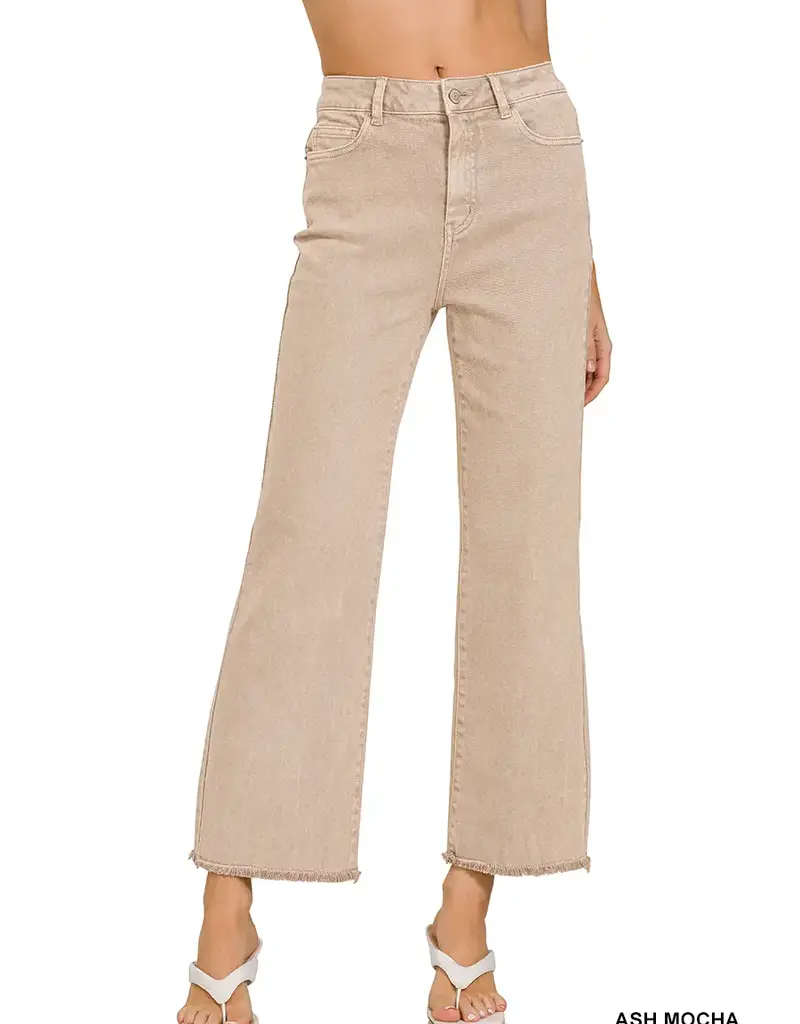 Acid Washed Frayed Hem Straight Wide Pant