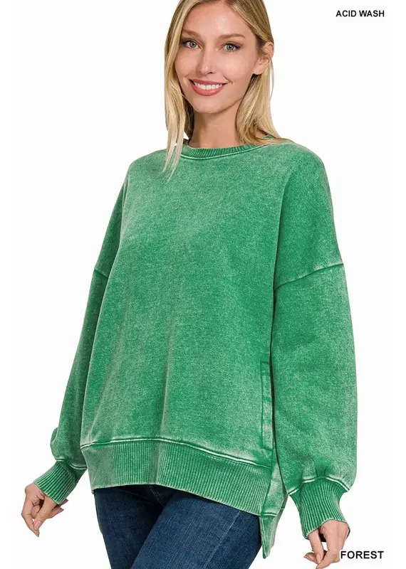 Acid Wash Fleece Hi-Low Hem Pullover
