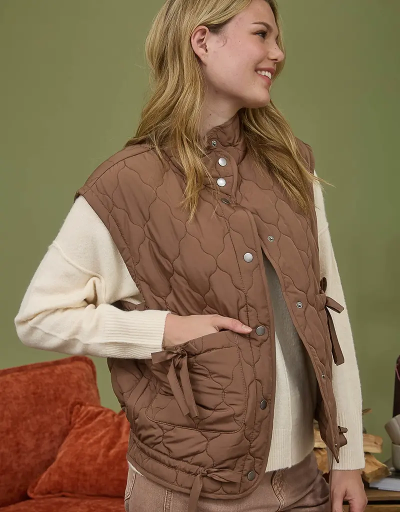 Quilted Puffer Vest With Tie Detail