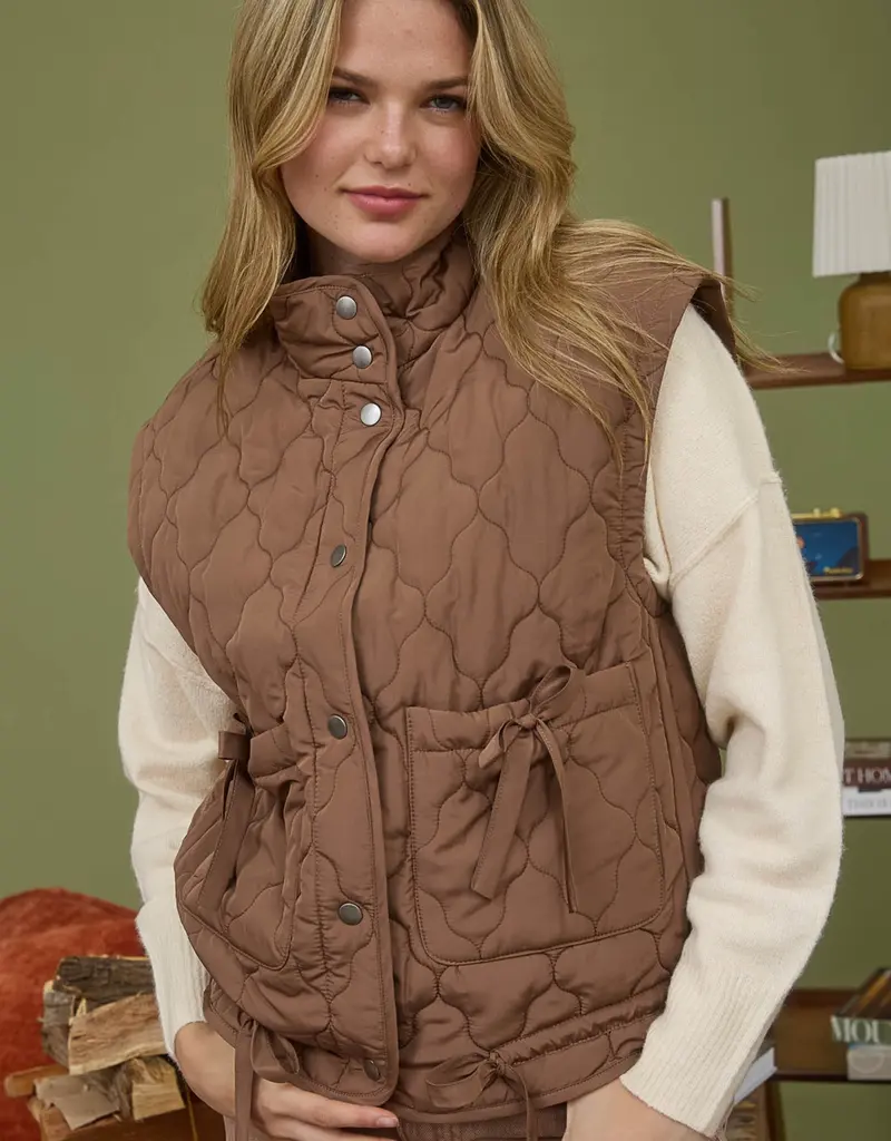 Quilted Puffer Vest With Tie Detail