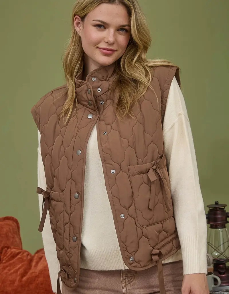 Quilted Puffer Vest With Tie Detail