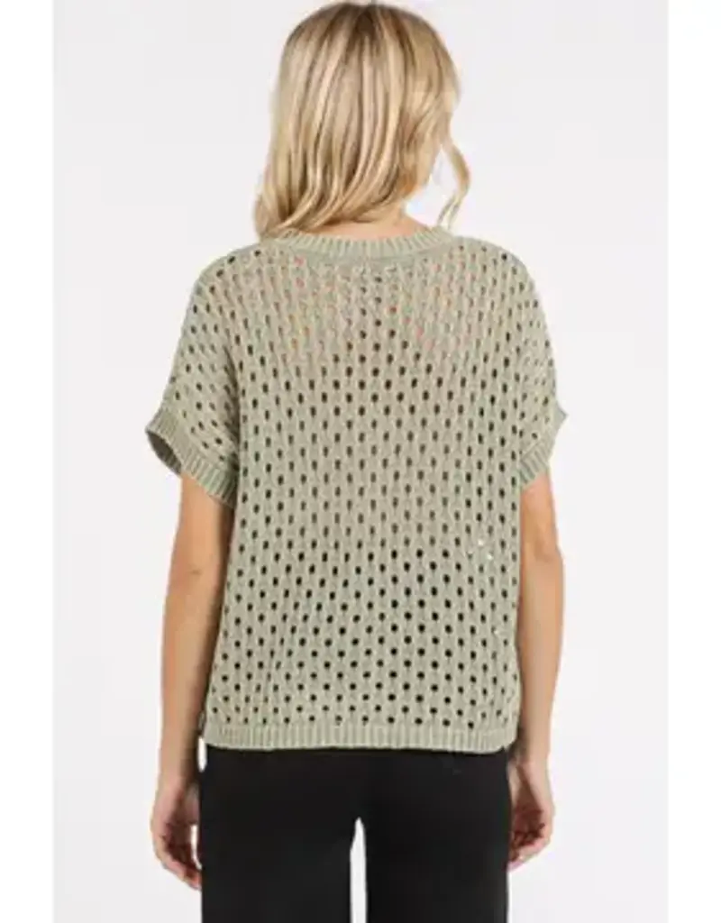 Mineral Wash Open Knit Short Sleeve Sweater Top