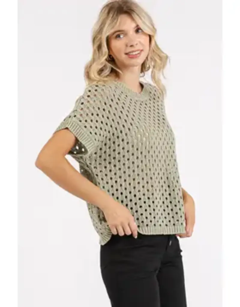 Mineral Wash Open Knit Short Sleeve Sweater Top