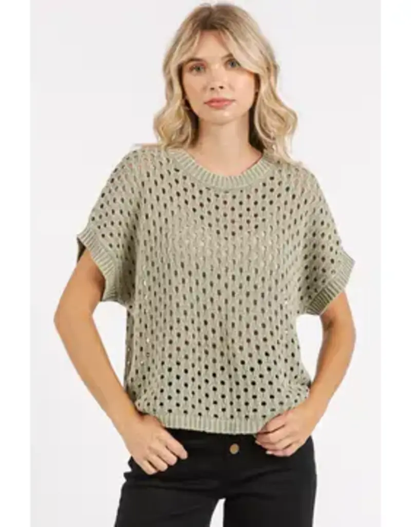 Mineral Wash Open Knit Short Sleeve Sweater Top
