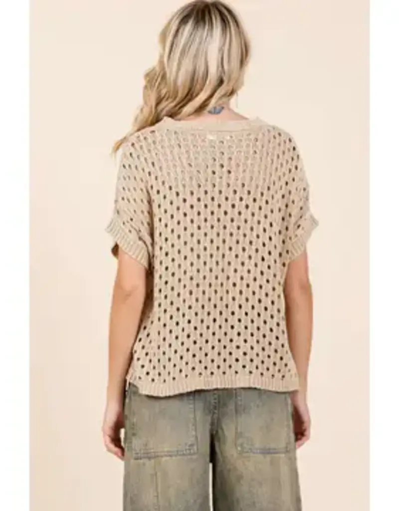 Mineral Wash Open Knit Short Sleeve Sweater Top