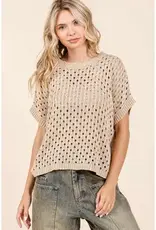 Mineral Wash Open Knit Short Sleeve Sweater Top
