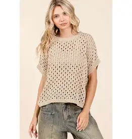 Mineral Wash Open Knit Short Sleeve Sweater Top