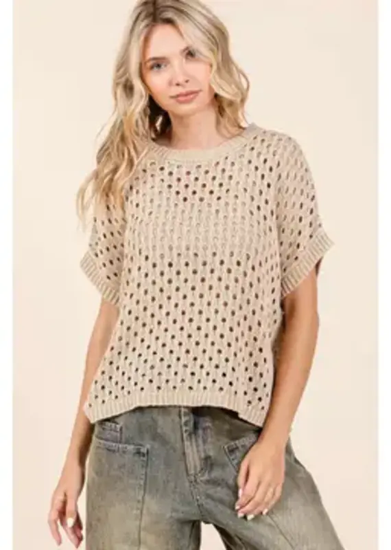Mineral Wash Open Knit Short Sleeve Sweater Top