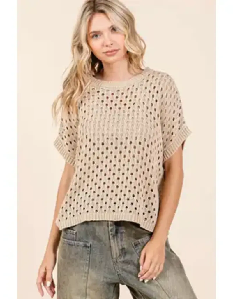 Mineral Wash Open Knit Short Sleeve Sweater Top