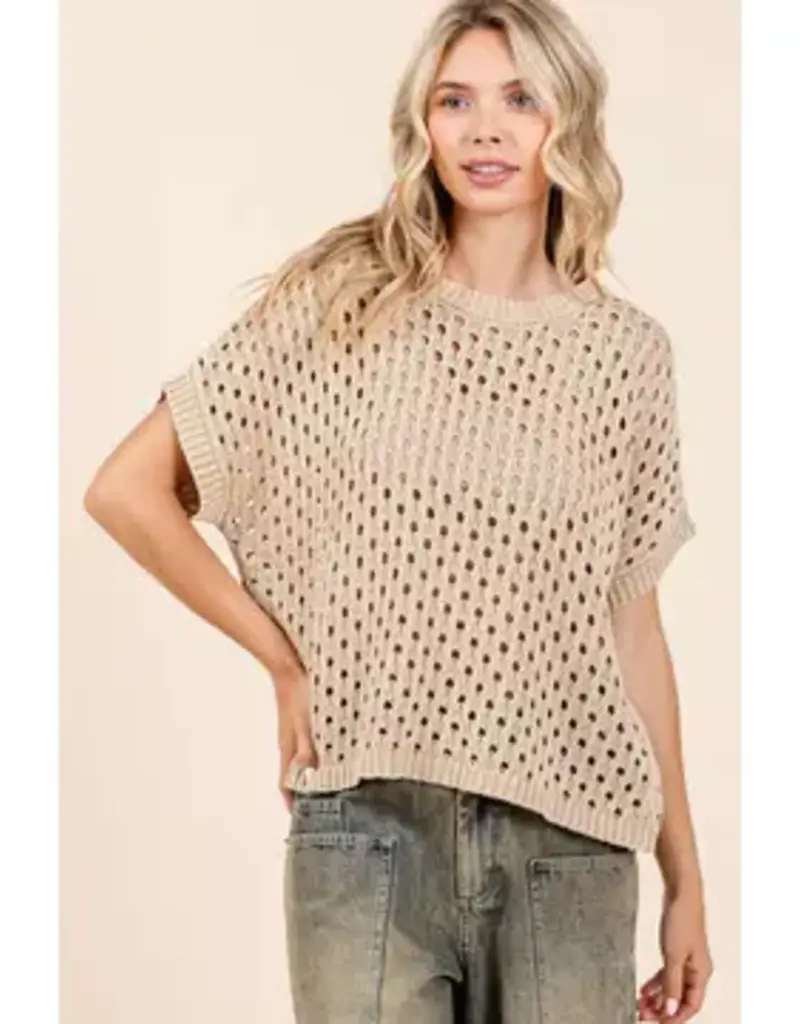 Mineral Wash Open Knit Short Sleeve Sweater Top