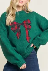 Chunky Knit Sweater With Applique Plaid Bow