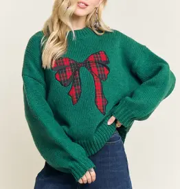 Chunky Knit Sweater With Applique Plaid Bow