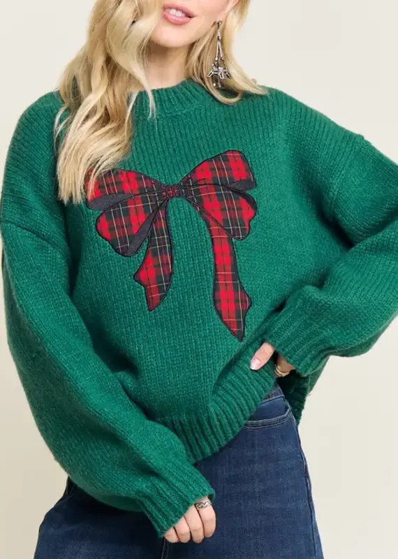 Chunky Knit Sweater With Applique Plaid Bow