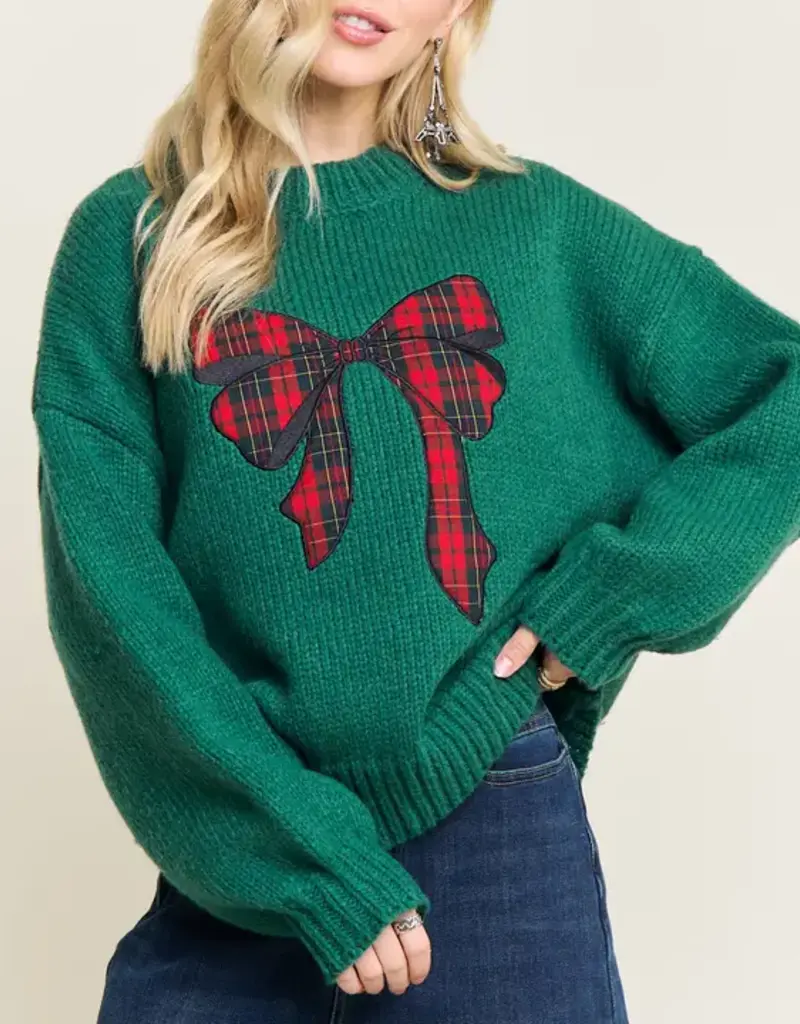 Chunky Knit Sweater With Applique Plaid Bow