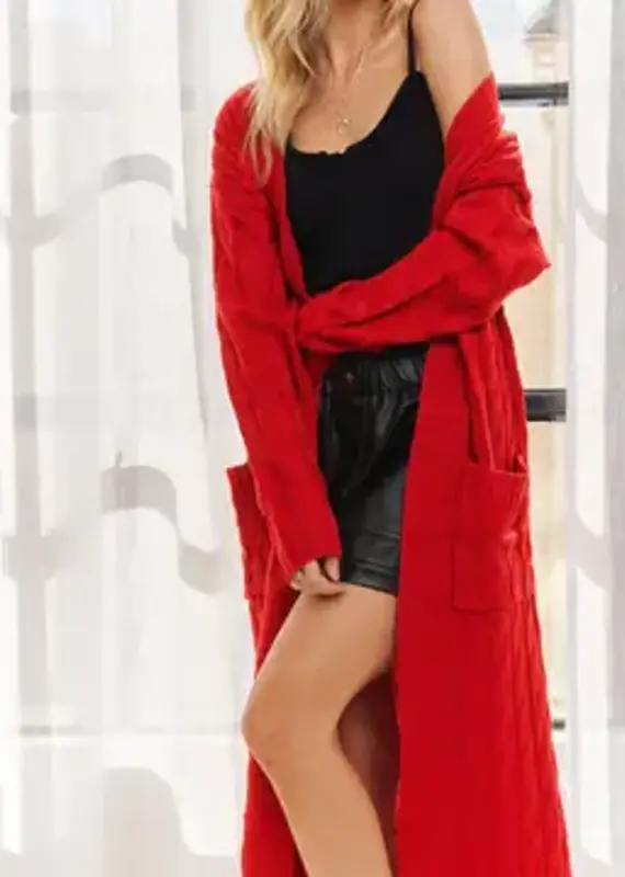 Midi Cable Knit Cardigan with Front Patch Pockets