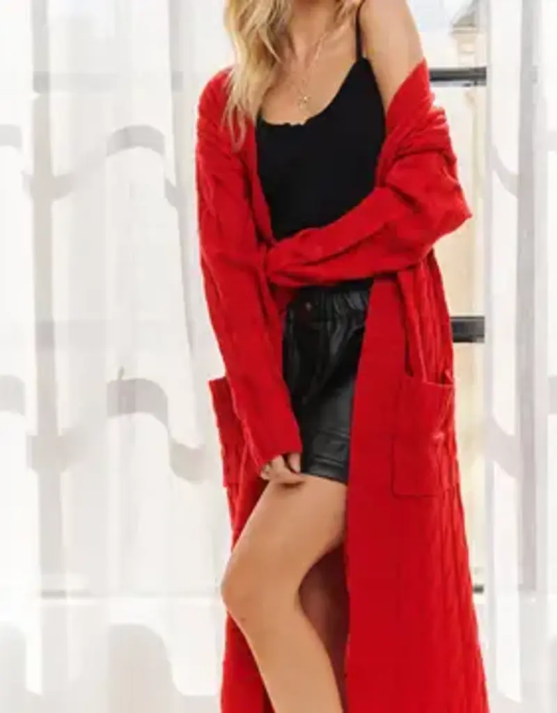 Midi Cable Knit Cardigan with Front Patch Pockets