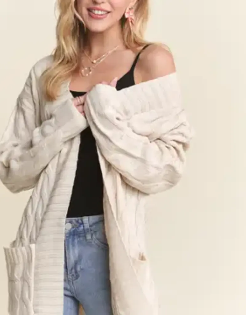 Midi Cable Knit Cardigan with Front Patch Pockets
