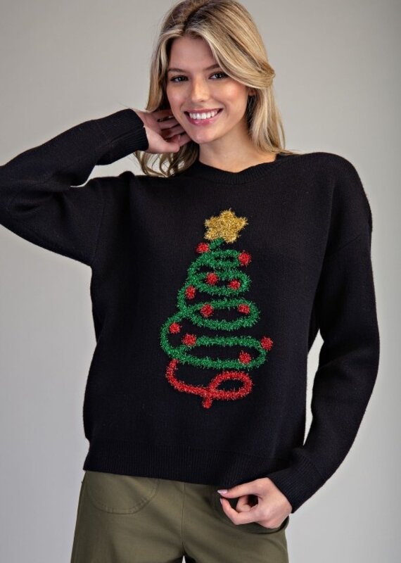 Applique Tinsel Christmas Tree Sweater