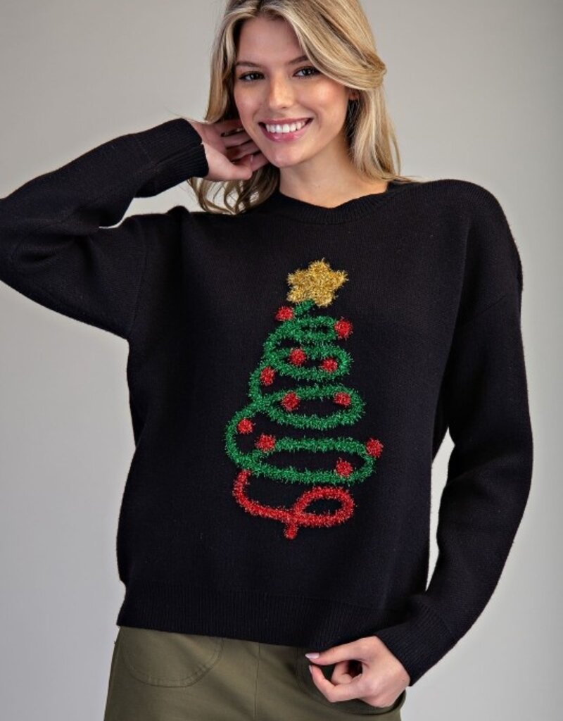 Applique Tinsel Christmas Tree Sweater