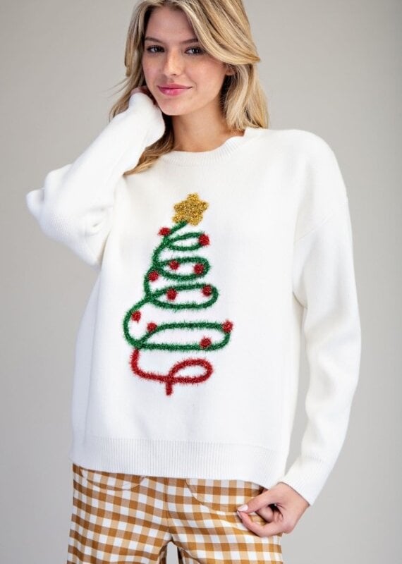 Applique Tinsel Christmas Tree Sweater
