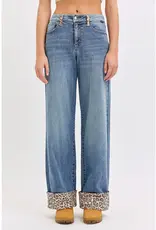 Mid Rise Wide Leg  Jean with Leopard Cuff