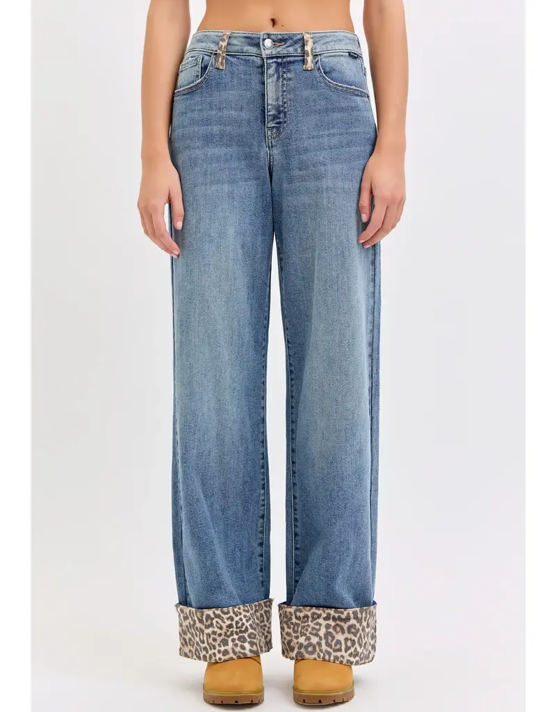 Mid Rise Wide Leg  Jean with Leopard Cuff