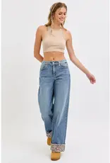Mid Rise Wide Leg  Jean with Leopard Cuff