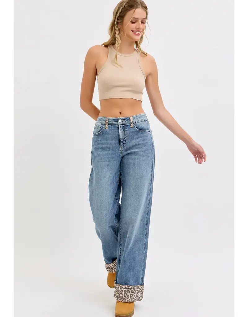 Mid Rise Wide Leg  Jean with Leopard Cuff