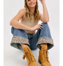 Mid Rise Wide Leg  Jean with Leopard Cuff