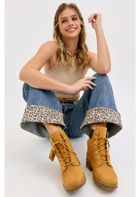 Mid Rise Wide Leg  Jean with Leopard Cuff