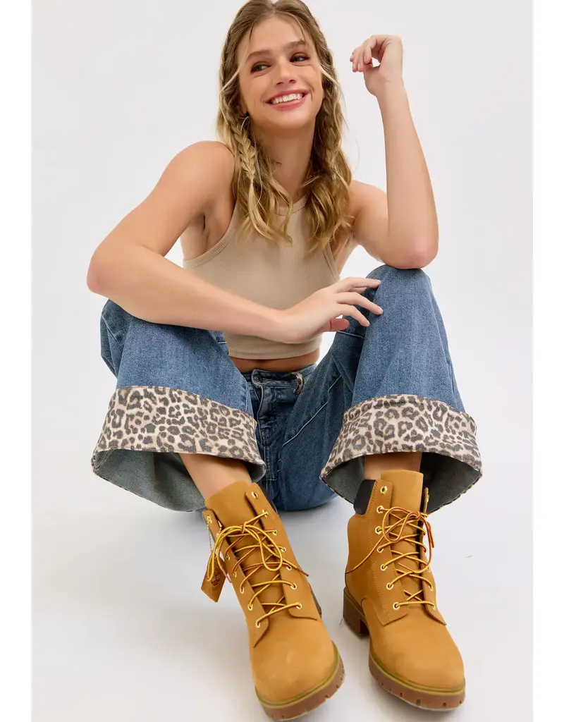 Mid Rise Wide Leg  Jean with Leopard Cuff