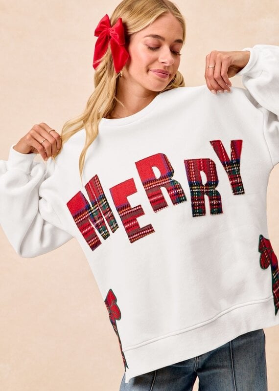 Merry Plaid Applique Sweatshirt With Bow Side Detai