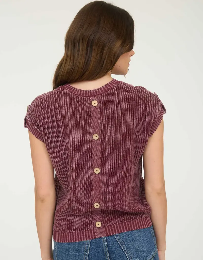 Mineral Washed Sleeveless Knit Top With Button Back