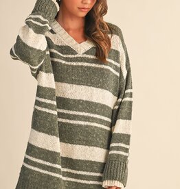 V Neck Oversized Striped Sweater Tunic