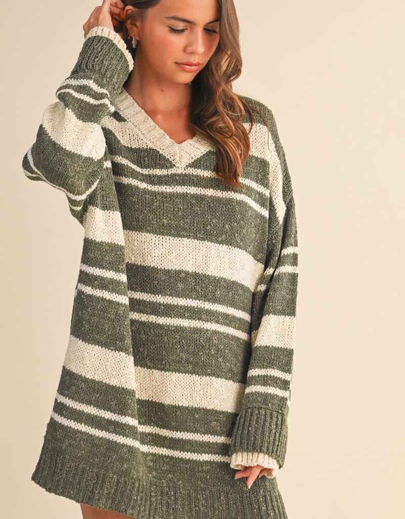 V Neck Oversized Striped Sweater Tunic