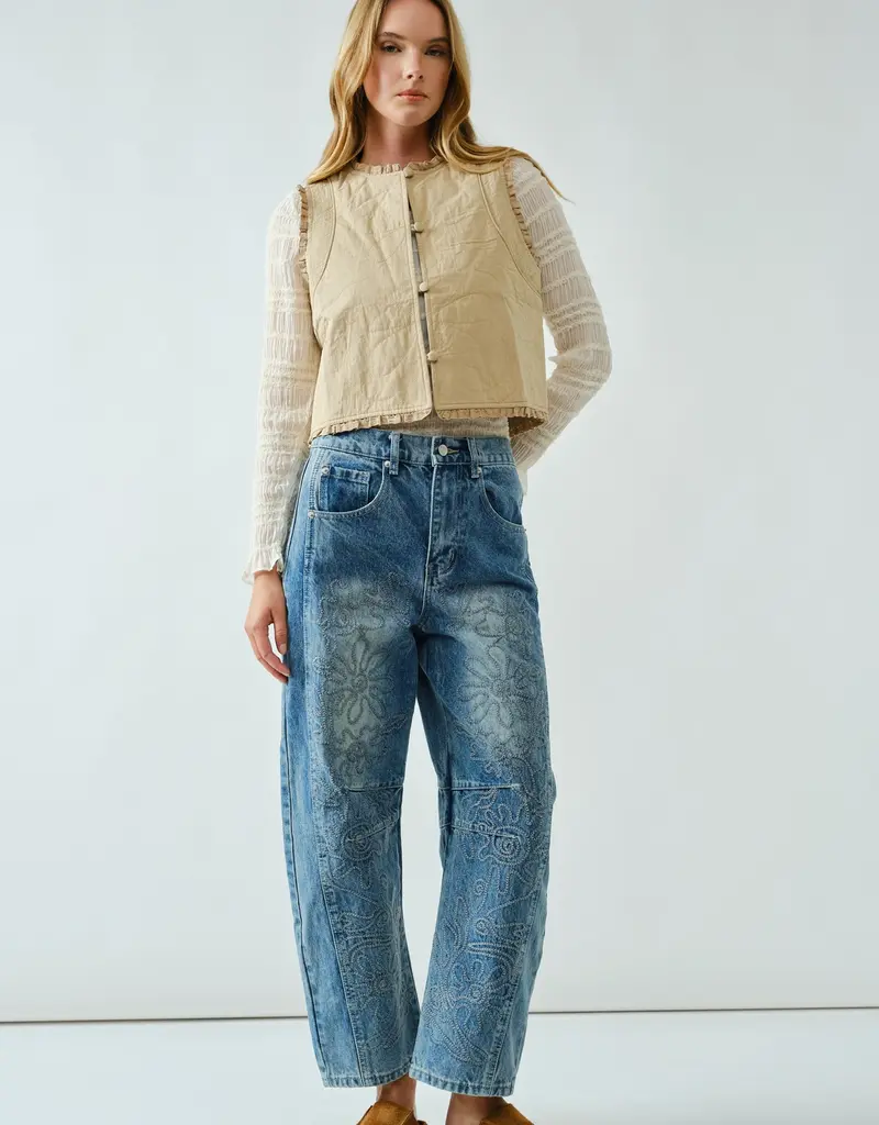 Embroidered Detail Cotton Barrel Jeans