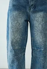 Embroidered Detail Cotton Barrel Jeans