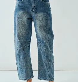 Embroidered Detail Cotton Barrel Jeans