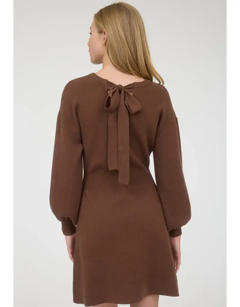 Long Sleeve Knit Sweater Mini Dress with Bow Tie Back