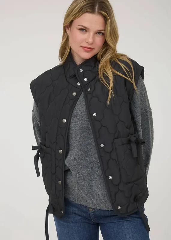 Tie Detail Snap Button Down Quilted Puffer Vest