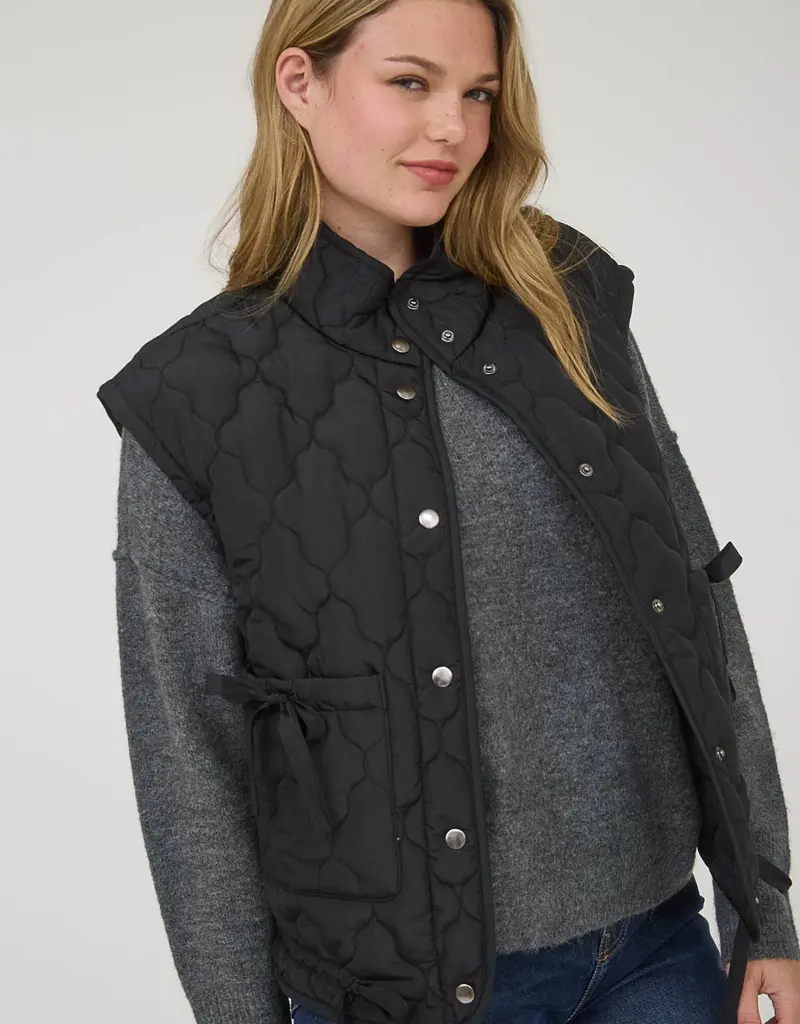 Tie Detail Snap Button Down Quilted Puffer Vest