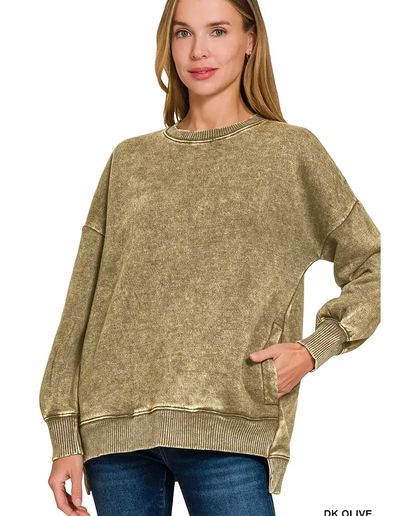 Acid Wash Fleece Hi-Low Hem Pullover