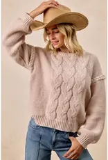 Cable Knit Sweater Top with Shoulder Braid Detail