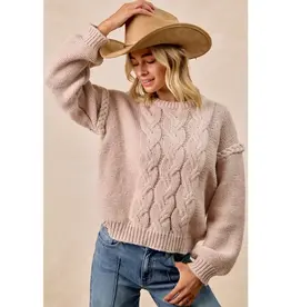 Cable Knit Sweater Top with Shoulder Braid Detail