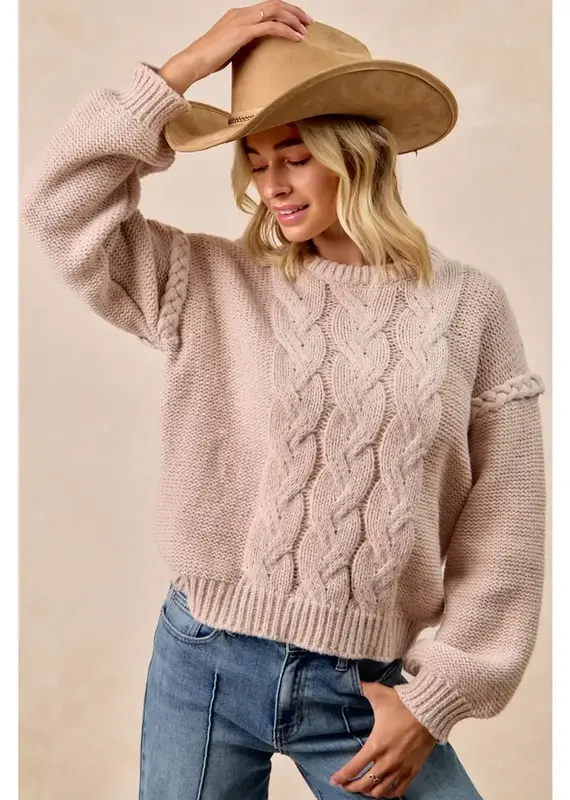 Cable Knit Sweater Top with Shoulder Braid Detail