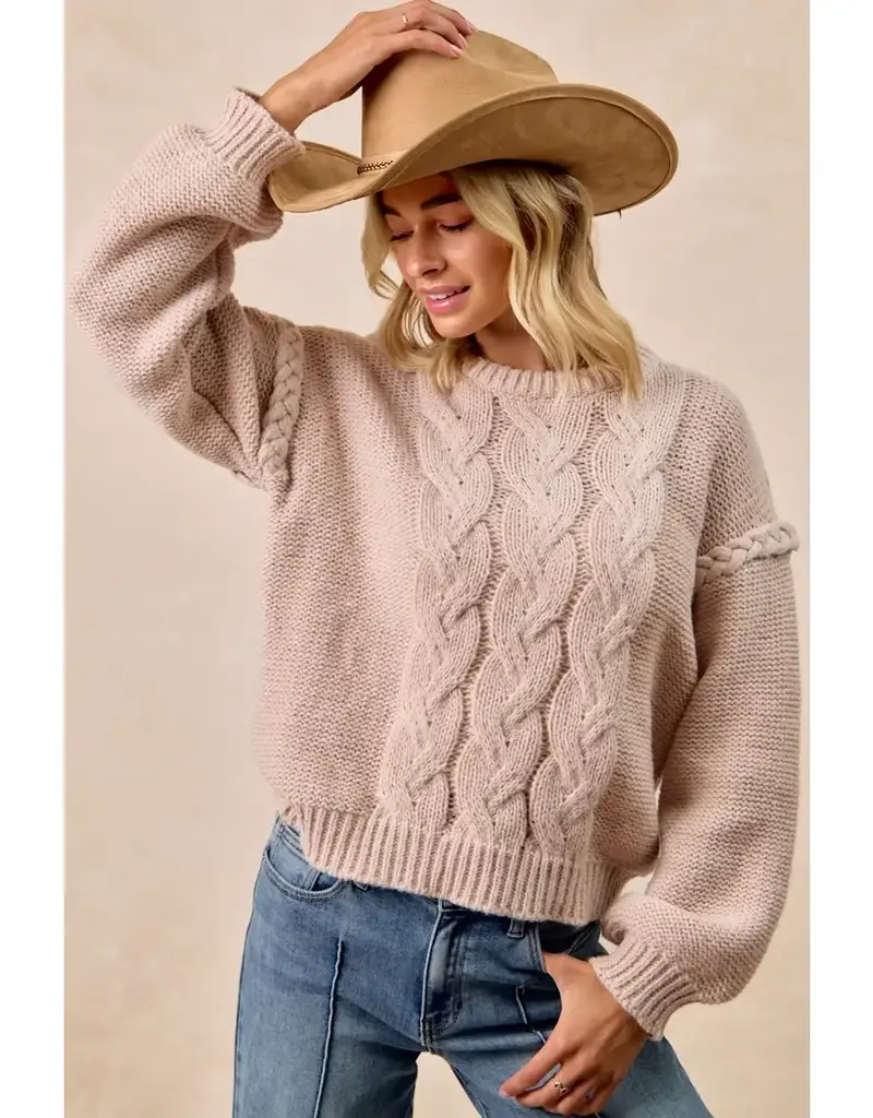 Cable Knit Sweater Top with Shoulder Braid Detail